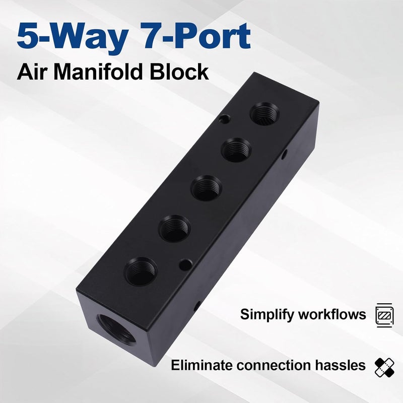MARSTEK Air Manifold, Air Compressor Manifold, Aluminum Air Hose Inline Manifold Block Splitter, Pneumatic Manifold Air Distribution Block, NPT 1/2 Inch Supply Port, NPT 1/4 Inch Output Port (5 Way 7 Port) - Image 2